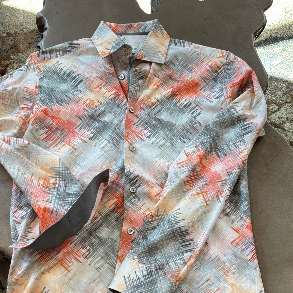 Vibrant Men's Button Down Shirt in Gray, Orange, and White